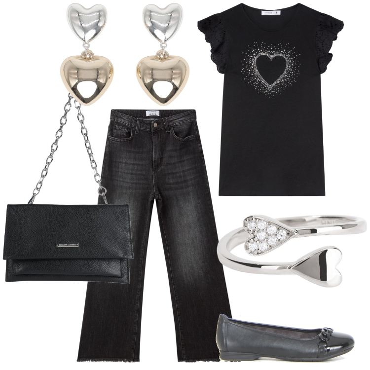 Outfit donna - Hearts. Stile Sporty chic per Tutti i giorni. Abbinamento con borse a mano, anelli, t-shirt, jeans, ballerine, orecchini.