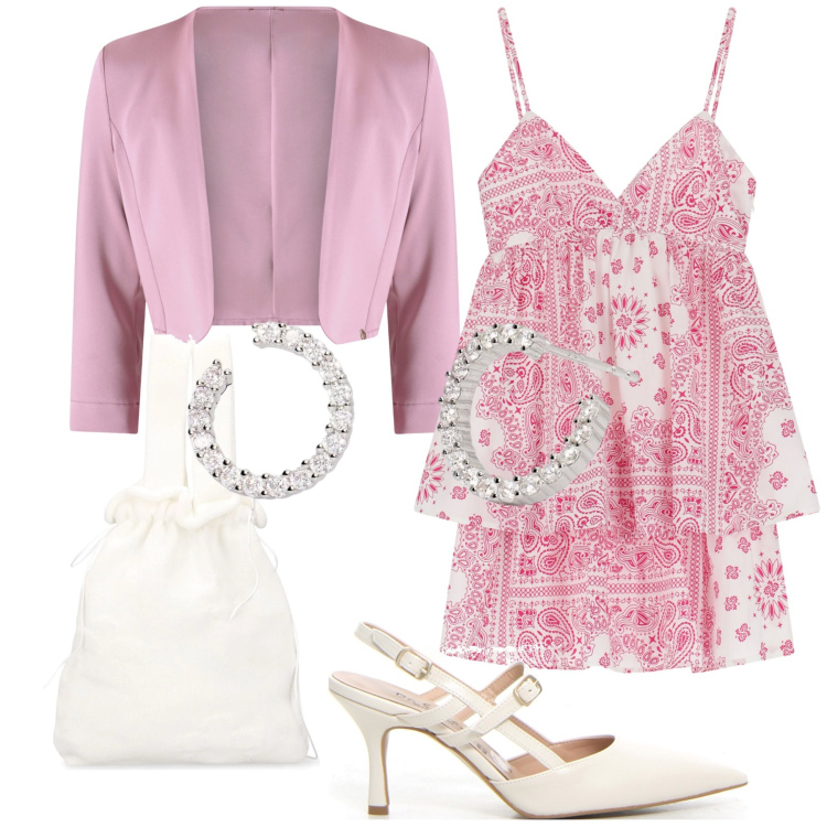 Outfit donna - Matrimonio diurno. Stile Chic per Cerimonia. Abbinamento con orecchini, bolero, vestiti corti, décolleté, borse a mano.