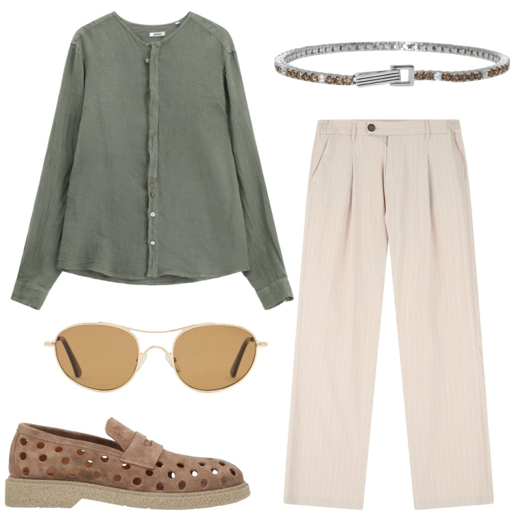 Outfit uomo - Cerimonia informale. Stile Casual per Cerimonia. Abbinamento con scarpe stringate, braccialetti, pantaloni, camicie, occhiali da sole.