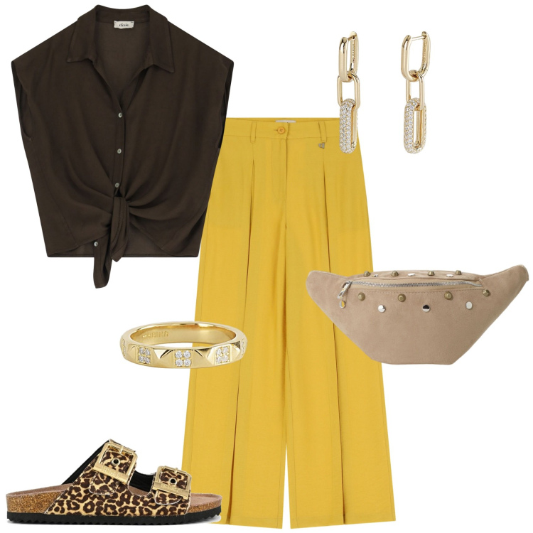 Outfit donna - Total look #2190697. Stile Minimal per Tutti i giorni. Abbinamento con orecchini, anelli, marsupi, pantaloni a palazzo, camicie, sandali in pelle.