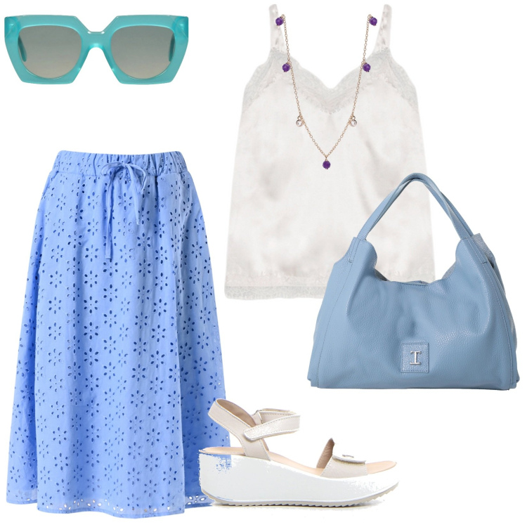 Outfit donna - Ogni giorno. per Tutti i giorni. Abbinamento con occhiali da sole, collane, gonne longuette, pochette, canottiere, sandali.
