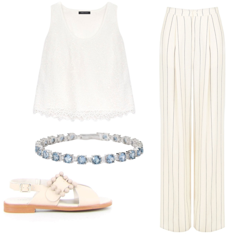 Outfit donna - Bianco Power. Stile Bon Ton per Serata fuori. Abbinamento con braccialetti, pantaloni, sandali, top.