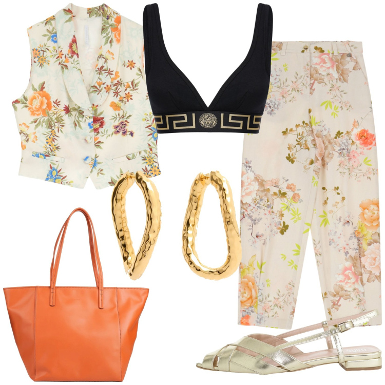Outfit donna - Fiori in ufficio. Stile Casual chic per Ufficio. Abbinamento con borse a spalla, gilet, pantaloni chino, sandali, reggiseni, orecchini.