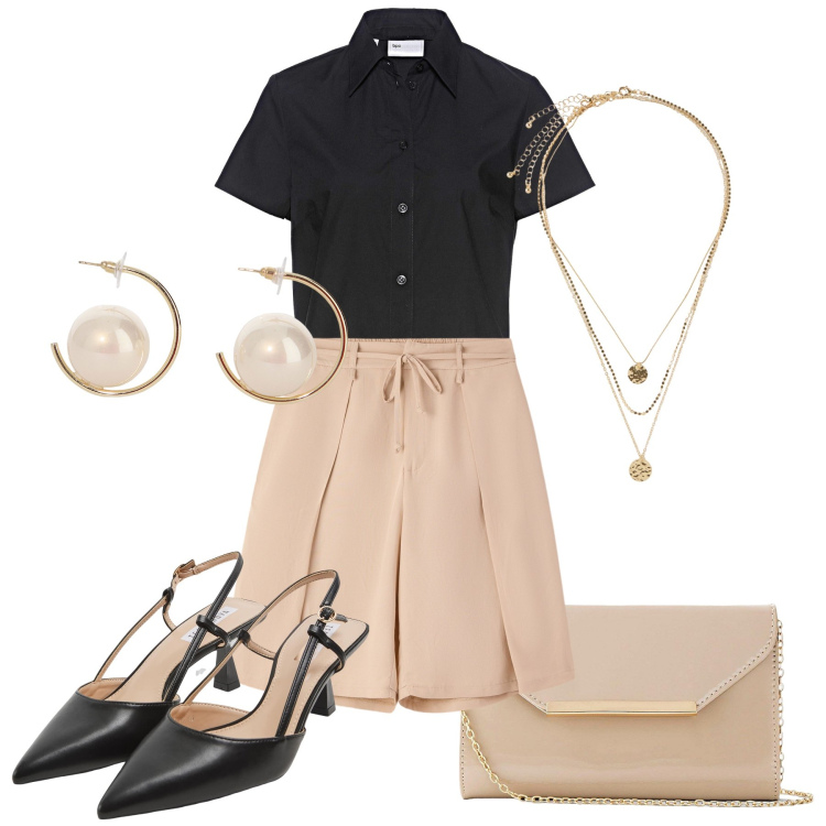 Outfit donna - Bermuda e sabot a cena. Stile Glamour per Serata fuori. Abbinamento con camicie a manica corta, pochette, collane, pantaloni corti, sabot, orecchini.