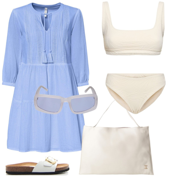 Outfit donna - In spiaggia. Stile Romantica per Mare. Abbinamento con vestiti da spiaggia, borse a spalla, ciabatte, occhiali da sole, bikini, bikini.