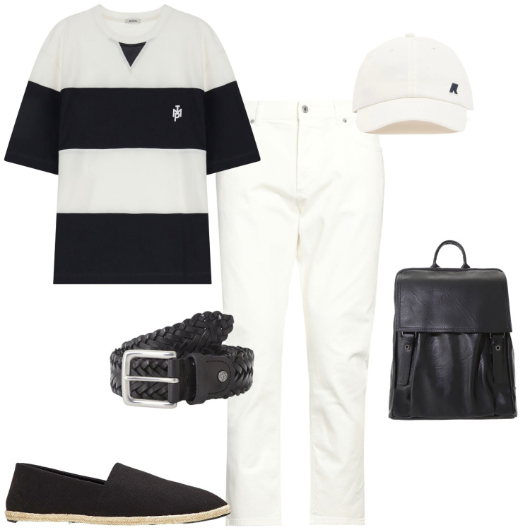 Outfit uomo - Total look #2190748. Stile Trendy per Ufficio. Abbinamento con espadrillas, pantaloni, t-shirt, cinture, borse sportive, cappelli.