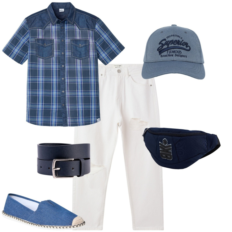 Outfit uomo - Total look #2190752. Stile Casual per Tutti i giorni. Abbinamento con camicie a manica corta, borse sportive, espadrillas, cappelli con visiera, jeans strappati, cinture.