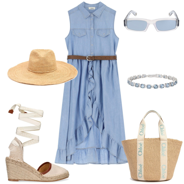 Outfit donna - Total look #2190761. Stile Sporty chic per Tutti i giorni. Abbinamento con braccialetti, vestiti senza maniche, espadrillas, occhiali da sole, cappelli, shopping bag.