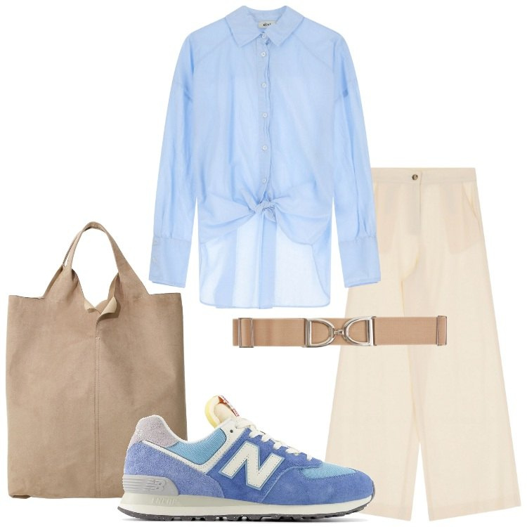 Outfit donna - Look da viaggio leggero. Stile Basic per Tutti i giorni. Abbinamento con cinture, sneakers, camicie, pantaloni, shopping bag.