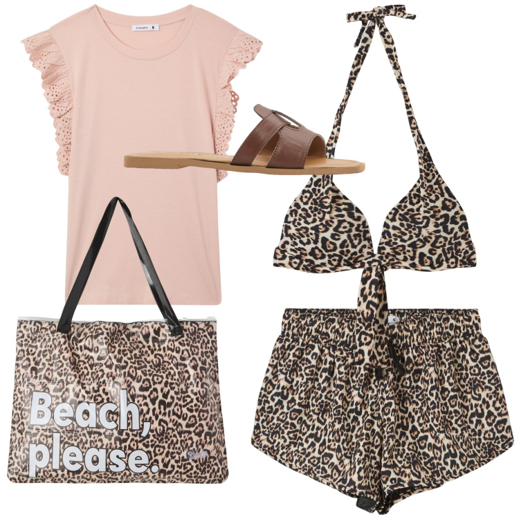 Outfit donna - Animalier in riva al mare. Stile Chic per Tutti i giorni. Abbinamento con ciabatte, bikini, t-shirt, borse tote, shorts.