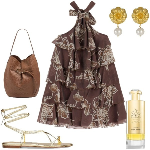 Outfit donna - Estate in corto. Stile Urban per Serata fuori. Abbinamento con profumi, vestiti corti, orecchini, sandali in pelle, borse a secchiello.