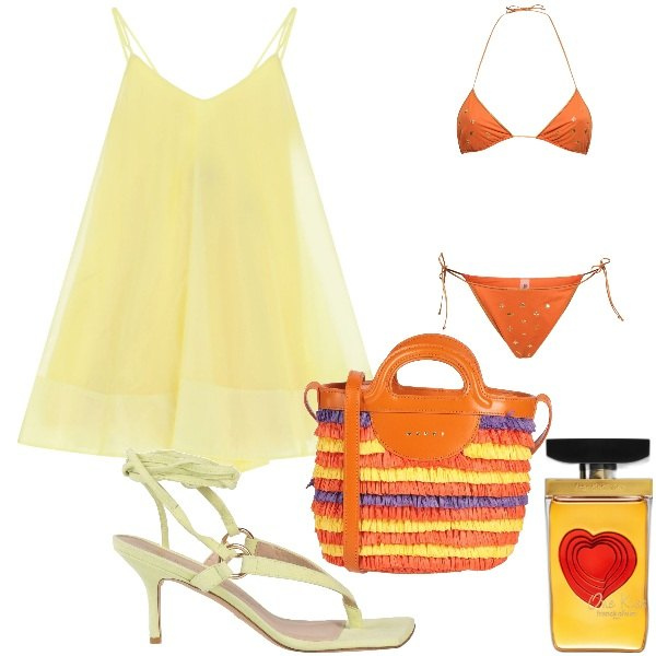 Outfit donna - Estate in corto. Stile Urban per Serata fuori. Abbinamento con infradito, borse a secchiello, vestiti corti, profumi, bikini.