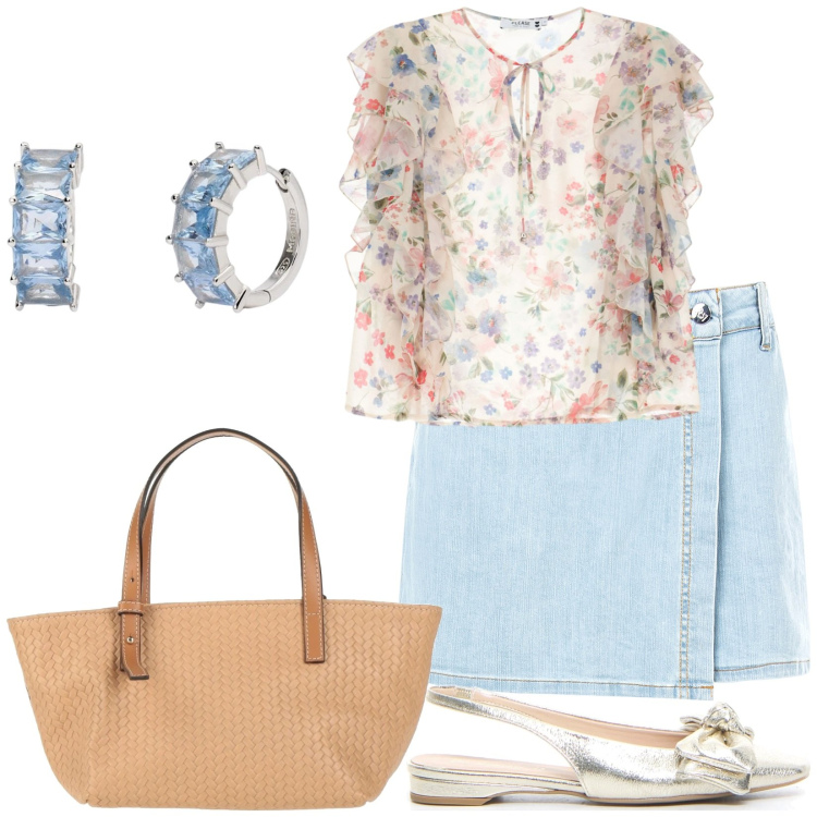 Outfit donna - Total look #2190789. Stile Bon Ton per Tutti i giorni. Abbinamento con borse a mano, minigonne, camicie a manica corta, orecchini, sandali in pelle.