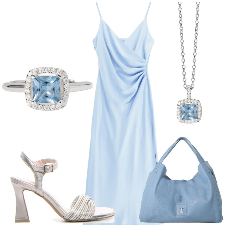 Outfit donna - Total look #2190791. Stile Bon Ton per Cerimonia. Abbinamento con anelli, collane, vestiti midi/longuette, pochette, sandali col tacco.