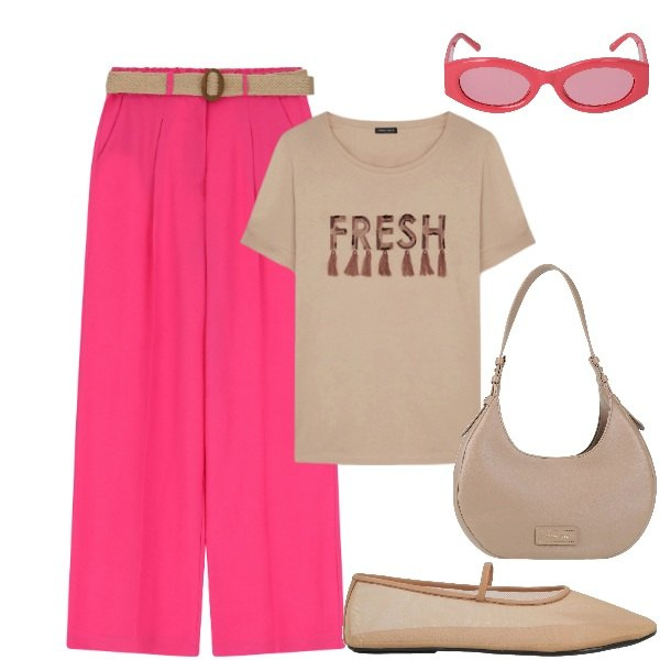 Outfit donna - Fresh. Stile Trendy per Tutti i giorni. Abbinamento con ballerine, borse a spalla, pantaloni, t-shirt, occhiali da sole.