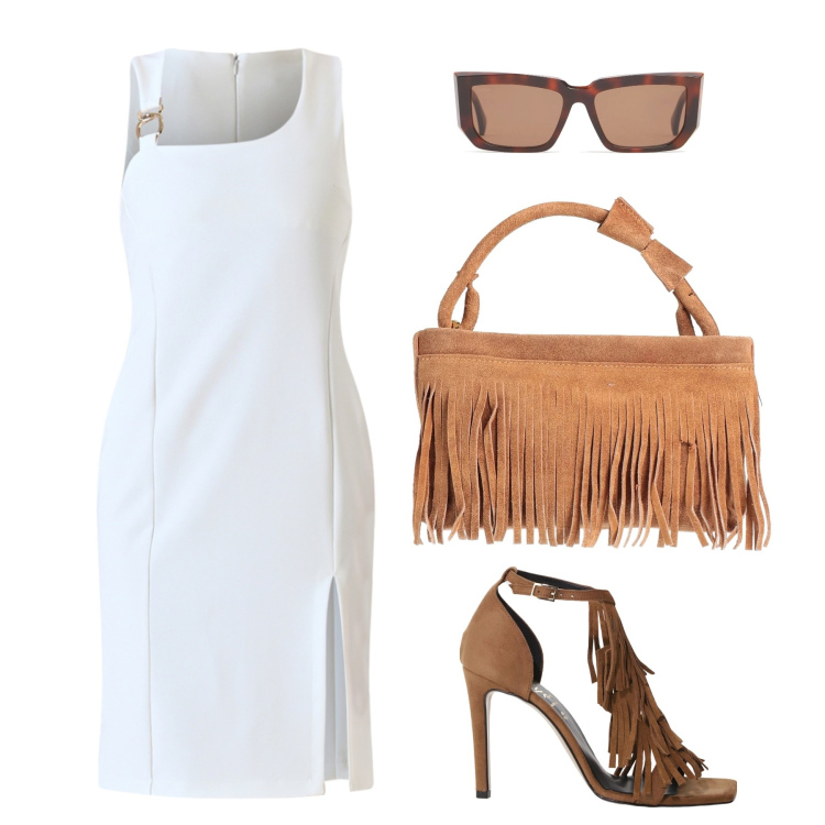 Outfit donna - Frange in estate. Stile Glamour per Serata fuori. Abbinamento con borse a mano, vestiti a tubino, décolleté, occhiali da sole.