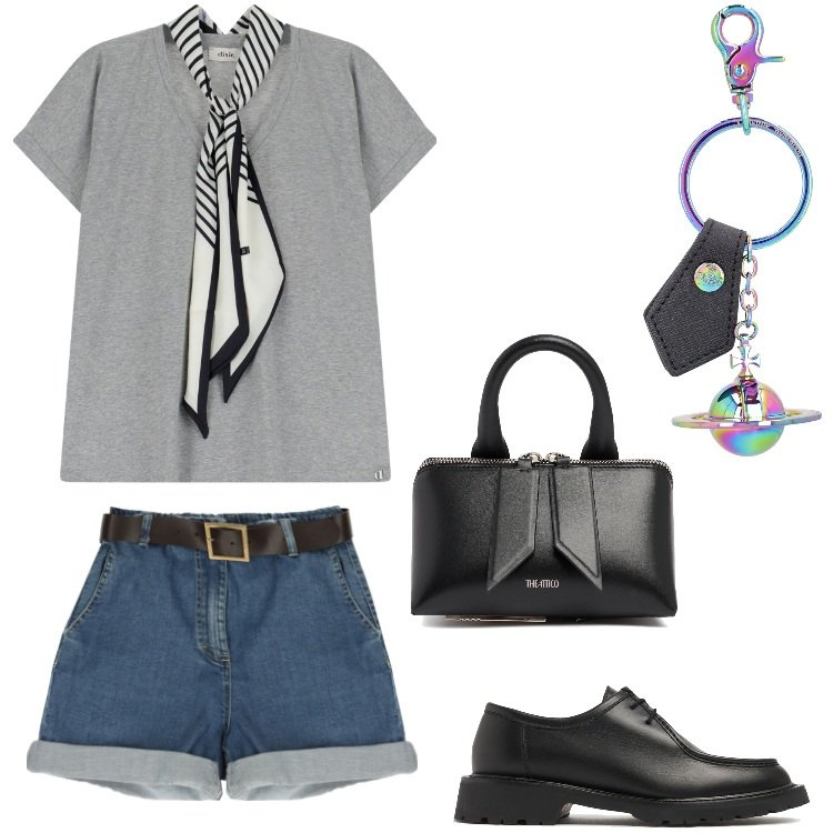 Outfit donna - Total look #2190801. Stile Mannish per Ufficio. Abbinamento con bermuda, t-shirt, portachiavi, borse a mano, scarpe stringate.