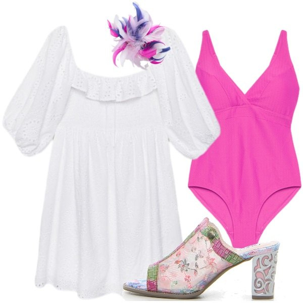 Outfit donna - il bianco che illumina. per Mare. Abbinamento con costumi interi, accessori per capelli, vestiti corti, sabot.