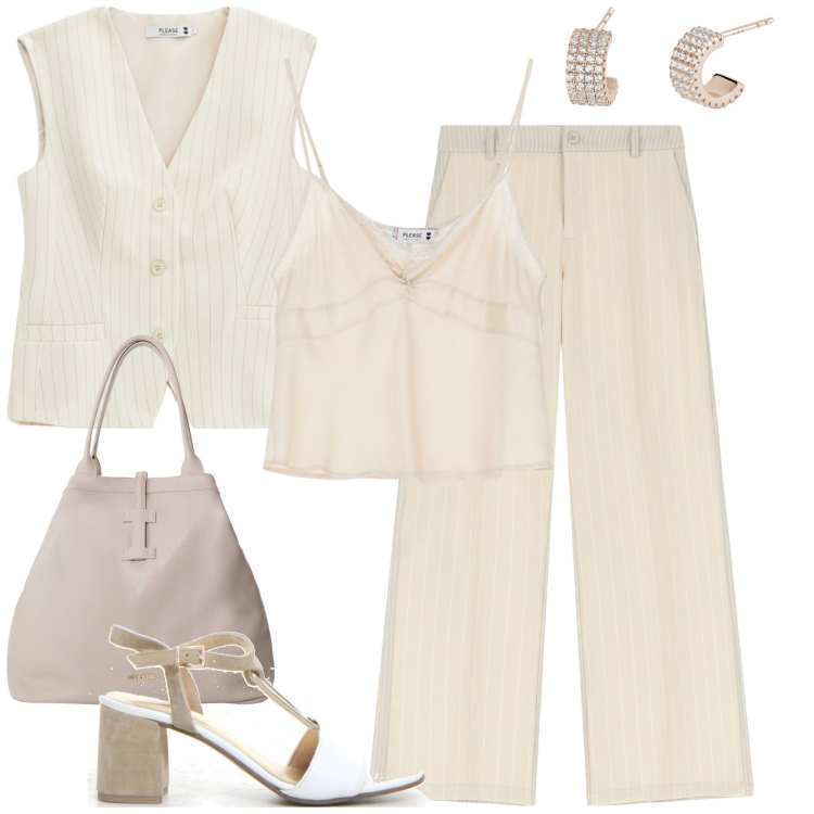 Outfit donna - Gessato neutro in ufficio. Stile Urban per Ufficio. Abbinamento con orecchini, pantaloni, gilet, top, borse tote, sandali col tacco.