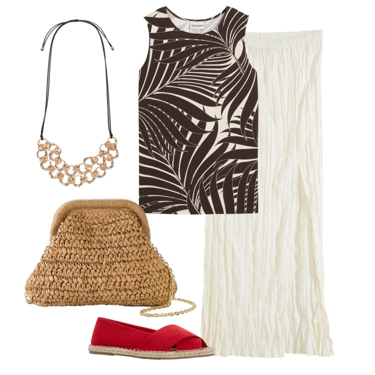 Outfit donna - Total look #2190820. Stile Chic per Tutti i giorni. Abbinamento con gonne lunghe, top, espadrillas, borse a tracolla, collane.
