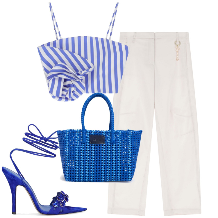 Outfit donna - Summer. Stile Casual chic per Tutti i giorni. Abbinamento con canottiere, pantaloni, shopping bag, sandali in pelle.