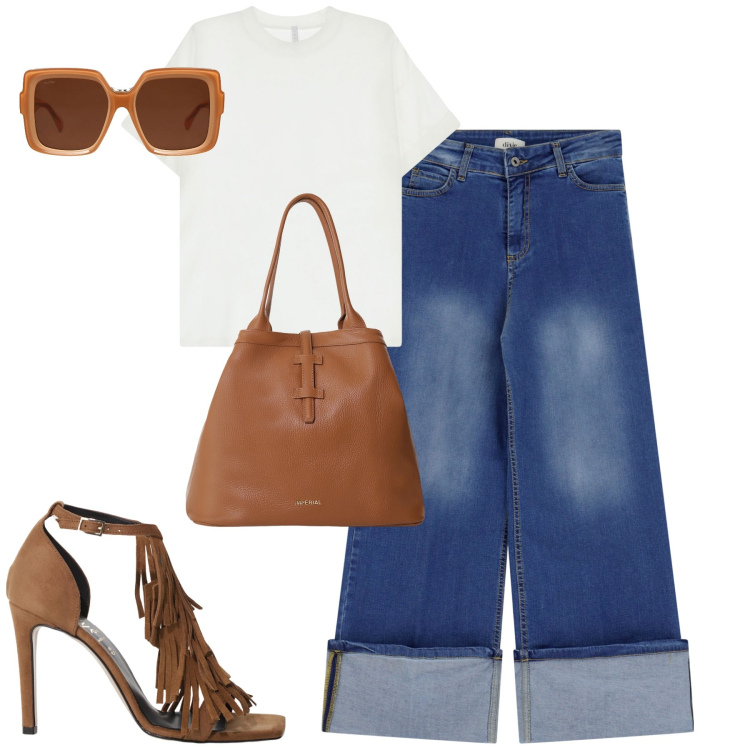 Outfit donna - City. Stile Casual chic per Tutti i giorni. Abbinamento con occhiali da sole, borse tote, t-shirt, jeans dritti, décolleté.