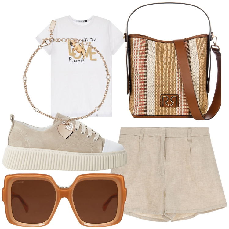 Outfit donna - Pomeriggio in città. Stile Casual chic per Tutti i giorni. Abbinamento con occhiali da sole, braccialetti con ciondoli, borse a secchiello, pantaloni corti, t-shirt, sneakers.