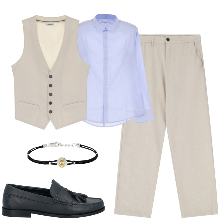 Outfit uomo - Cerimonia informale. Stile Trendy per Cerimonia. Abbinamento con scarpe stringate, braccialetti, pantaloni, camicie, gilet.