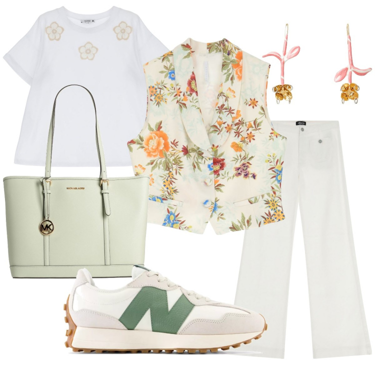 Outfit donna - Estate in città. Stile Casual chic per Tutti i giorni. Abbinamento con orecchini, borse a spalla, sneakers, t-shirt, gilet, pantaloni a palazzo.