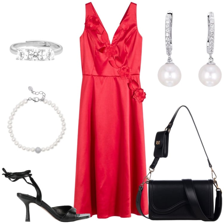 Outfit donna - Cerimonia. Stile Chic per Cerimonia. Abbinamento con vestiti midi/longuette, sandali in pelle, orecchini, braccialetti, anelli, pochette.