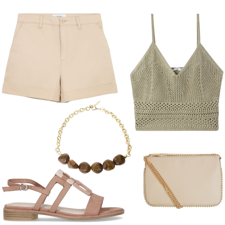 Outfit donna - Look vacanziero. Stile Chic per Tutti i giorni. Abbinamento con borse a tracolla, top, pantaloni corti, collane, sandali.