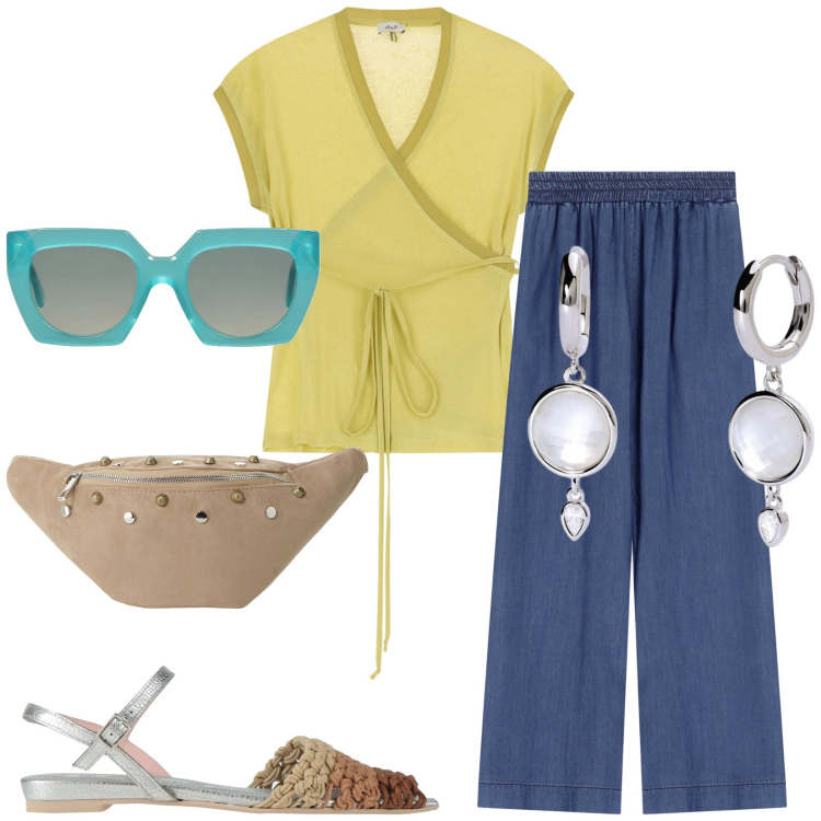 Outfit donna - Total look #2190865. Stile Urban per Tutti i giorni. Abbinamento con sandali in pelle, occhiali da sole, orecchini, pantaloni, marsupi, top.