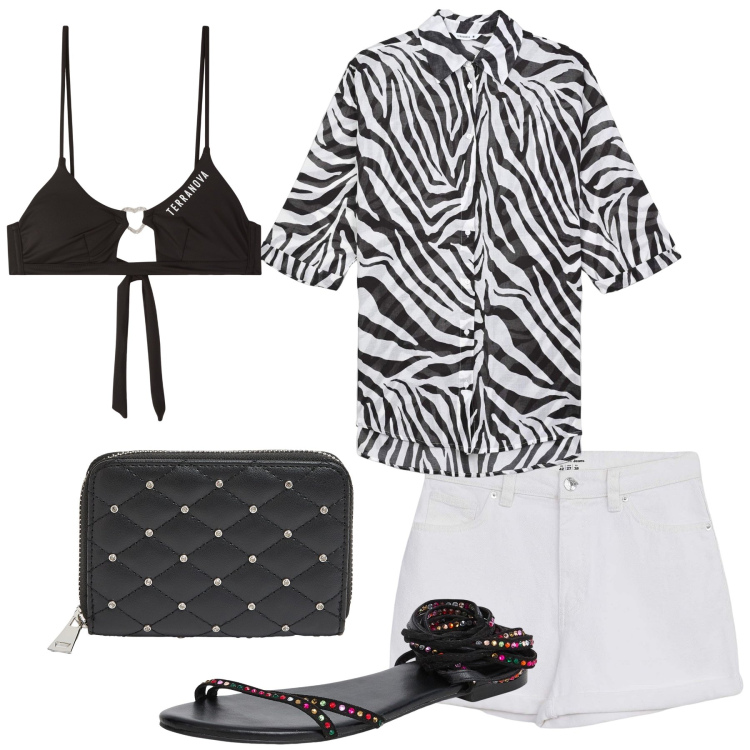 Outfit donna - Bianco e nero. Stile Trendy per Mare. Abbinamento con camicie, sandali alla schiava, shorts, bikini, portafogli.