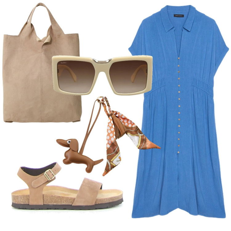 Outfit donna - L’abito chemisier in ufficio. Stile Bon Ton per Ufficio. Abbinamento con occhiali da sole, portachiavi, shopping bag, vestiti chemisier, sandali.