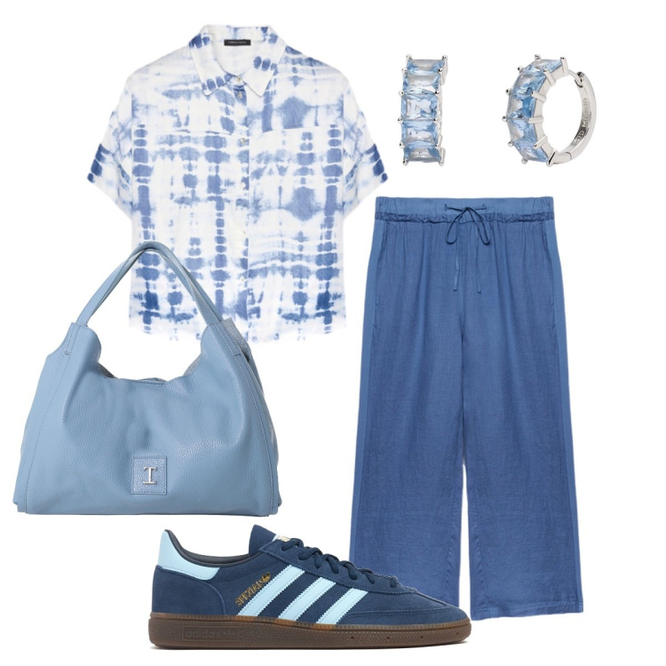 Outfit donna - Sportiva. Stile Urban per Tutti i giorni. Abbinamento con orecchini, pochette, camicie, pantaloni, sneakers.