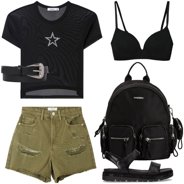 Outfit donna - Total look #2190888. Stile Military per Tutti i giorni. Abbinamento con shorts, t-shirt, reggiseni, zaini, cinture, sandali.