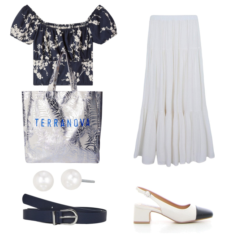 Outfit donna - Sobrio bianco e blu. Stile Chic per Tutti i giorni. Abbinamento con gonne lunghe, borse tote, bluse, cinture, orecchini, décolleté.