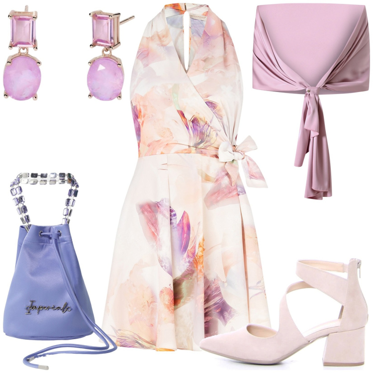 Outfit donna - Total look #2190891. Stile Bon Ton per Cerimonia. Abbinamento con orecchini, scialli, vestiti, borse a secchiello, sandali in pelle.