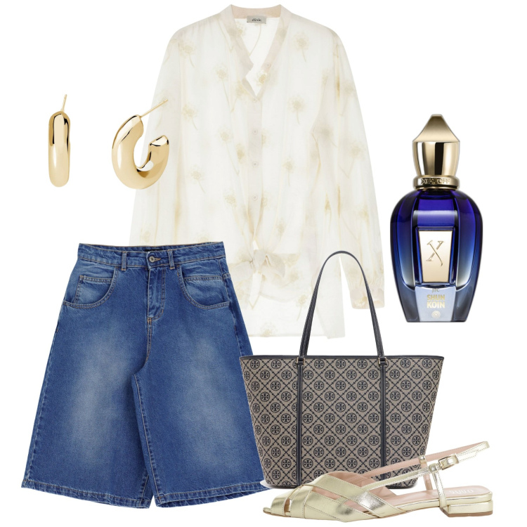 Outfit donna - La coreana preziosa. Stile Casual chic per Serata fuori. Abbinamento con profumi, orecchini, camicie, shorts, sandali, shopping bag.