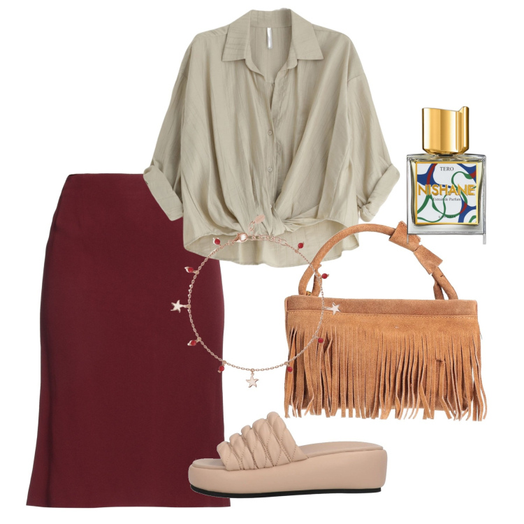 Outfit donna - Giugno city. Stile Bon Ton per Tutti i giorni. Abbinamento con sandali in pelle, gonne longuette, borse a mano, profumi, braccialetti con ciondoli, camicie.
