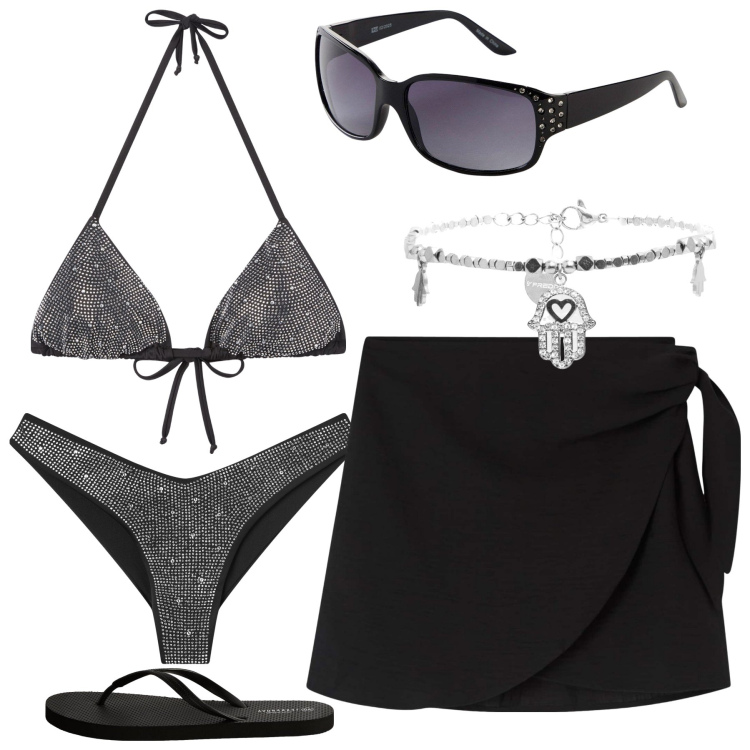 Outfit donna - summer black. per Mare. Abbinamento con occhiali da sole, vestiti da spiaggia, infradito, bikini, bikini, braccialetti.