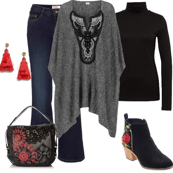 Outfit donna - Tocco di rosso etnico. Stile Trendy per Tutti i giorni. Abbinamento con stivaletti, poncio con scritte e scollo grigio e corda, jeans bootcut in denim, t-shirt, orecchini, borsa a spalla nero.