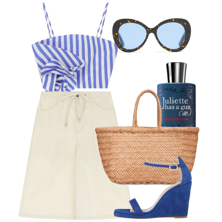 Outfit donna - Giugno city. Stile Chic per Tutti i giorni. Abbinamento con sandali in pelle, profumi, canottiere, shorts, occhiali da sole, shopping bag.
