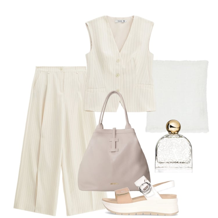 Outfit donna - Gessato avorio in città. Stile Bon Ton per Ufficio. Abbinamento con profumi, pantaloni a palazzo, gilet, top, borse tote, sandali.