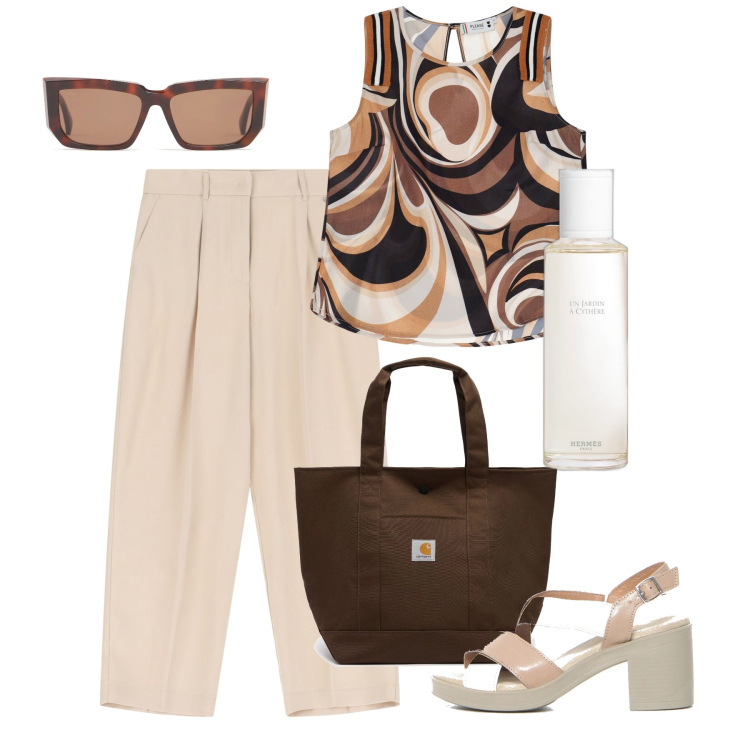 Outfit donna - City giugno. Stile Bon Ton per Ufficio. Abbinamento con profumi, pantaloni, top, borse tote, sandali col tacco, occhiali da sole.