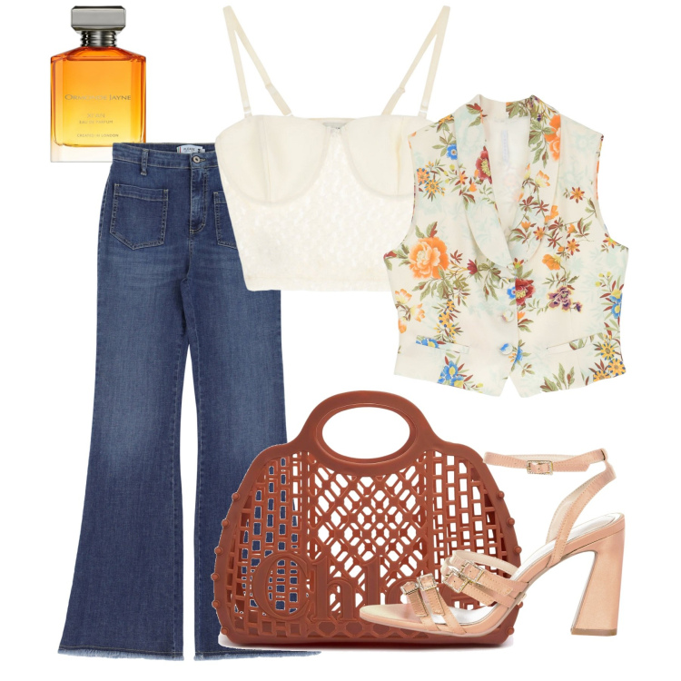 Outfit donna - Il gilet versione giugno. Stile Casual chic per Tutti i giorni. Abbinamento con gilet, profumi, top, sandali col tacco, jeans, borse a mano.