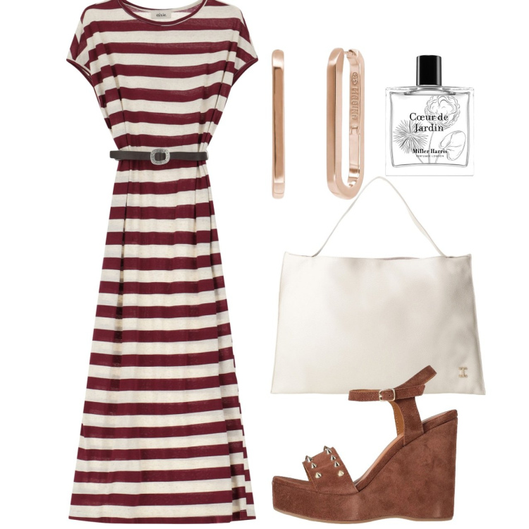 Outfit donna - Righe city. Stile Bon Ton per Tutti i giorni. Abbinamento con sandali in pelle, orecchini, profumi, borse a spalla, vestiti midi/longuette.