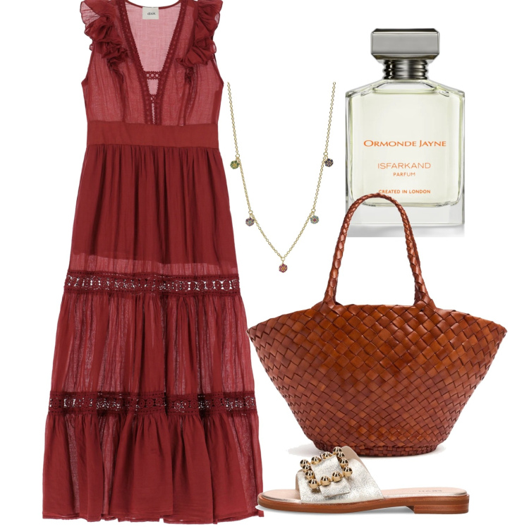 Outfit donna - Rosso paprika. Stile Chic per Tutti i giorni. Abbinamento con profumi, ciondoli, vestiti lunghi, shopping bag, ciabatte.