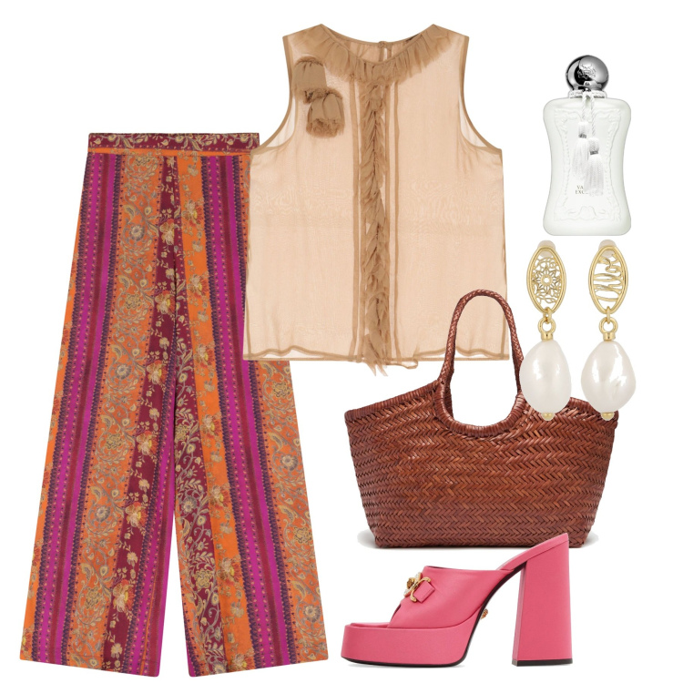 Outfit donna - Ethnic june. Stile Etnico per Serata fuori. Abbinamento con profumi, top, pantaloni, pantofole, shopping bag, orecchini.