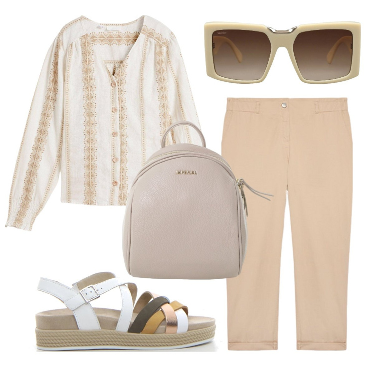 Outfit donna - In ufficio. Stile Casual chic per Ufficio. Abbinamento con camicie, occhiali da sole, zaini, pantaloni, sandali.